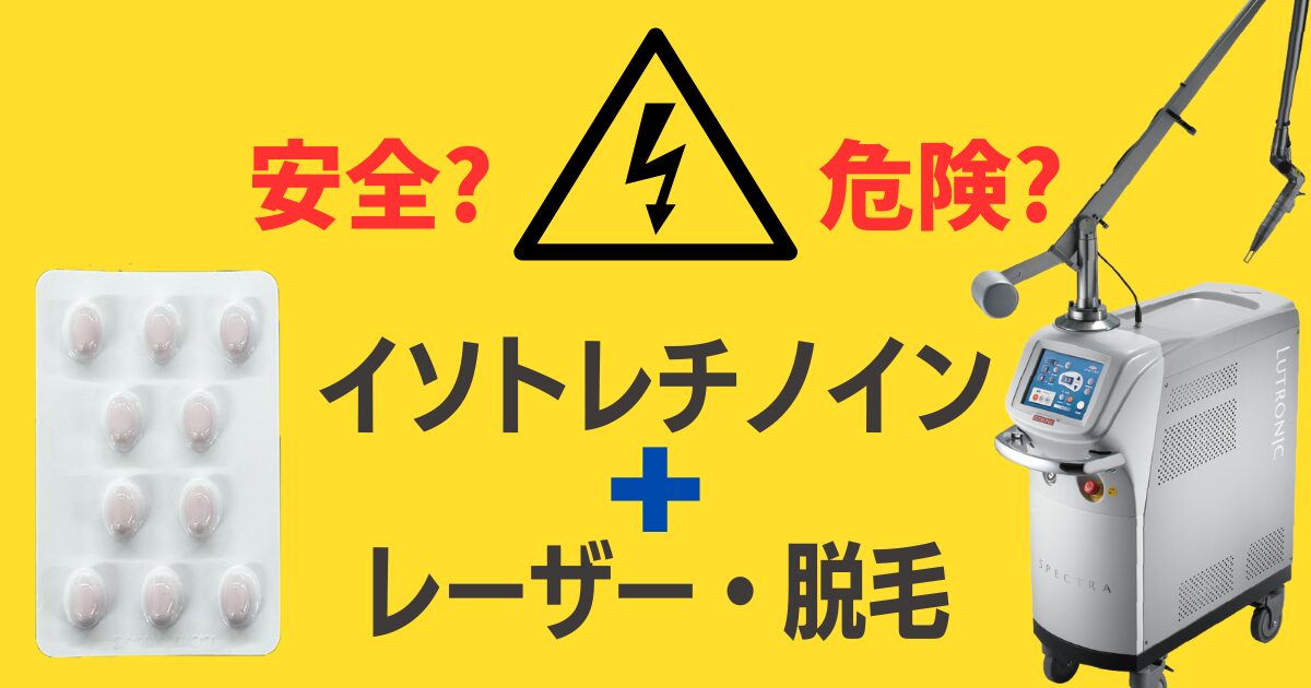 イソトレチノインとレーザー機器のイメージ。「安全？危険？イソトレチノイン+レーザー・脱毛」というテキストが入った、最新のニキビ治療と美容施術の併用に関する情報画像。